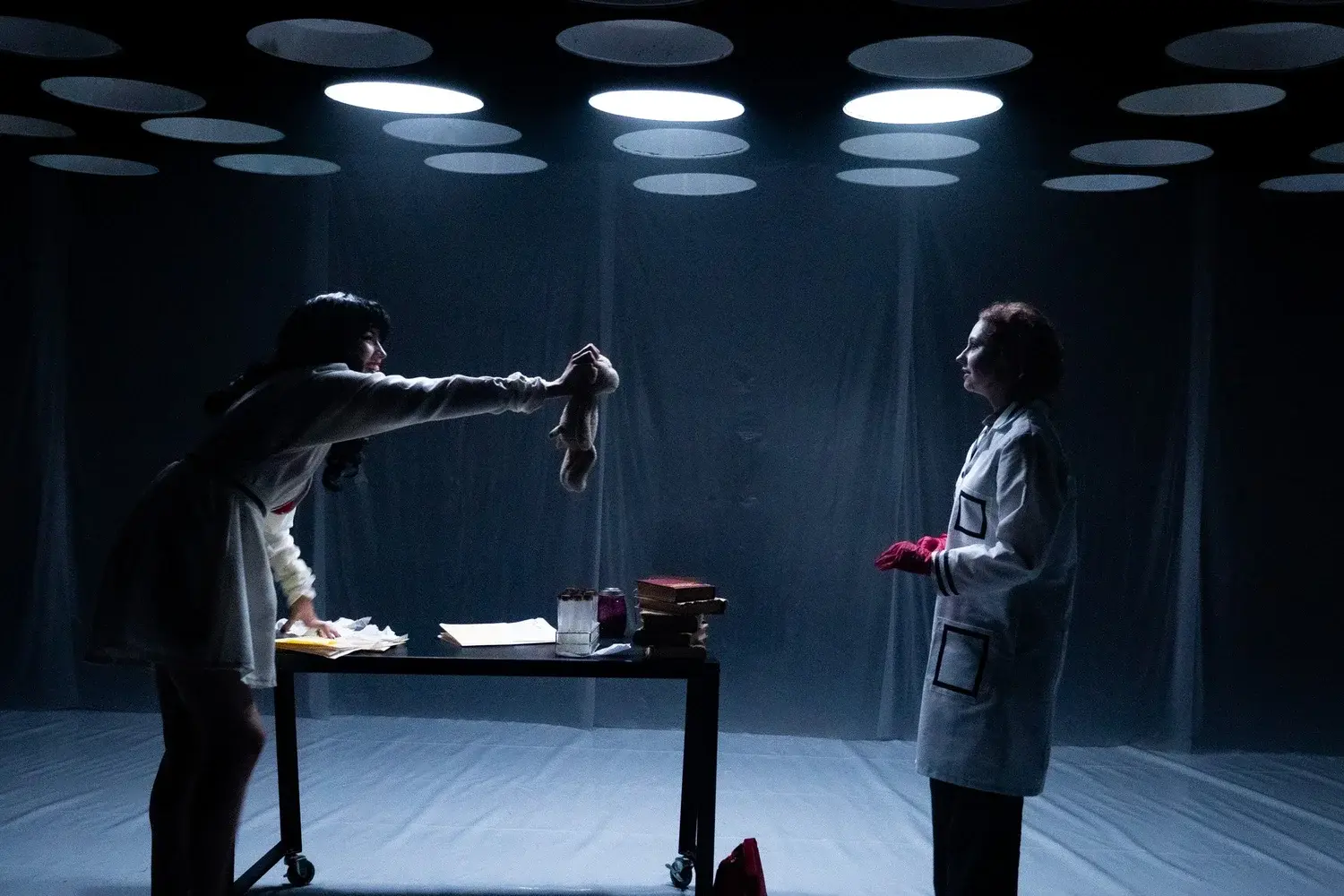 Two scientists face each other across a laboratory table